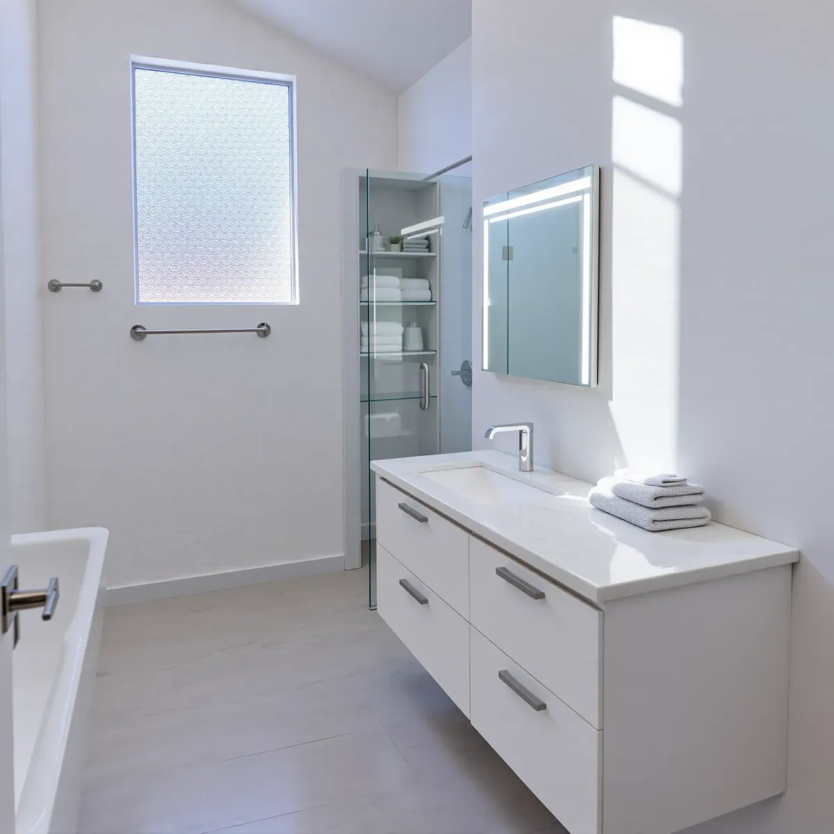 Recently renovated small bathroom in Lennox, CA with marble countertops, floating vanity, glass shower, and modern fixtures.
