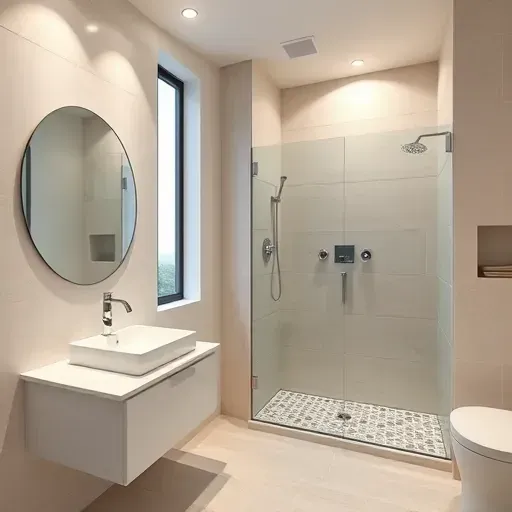 Renovated Venice CA bathroom with white marble vanity, walk-in shower, pebble tiles, neutral tones, and modern fixtures