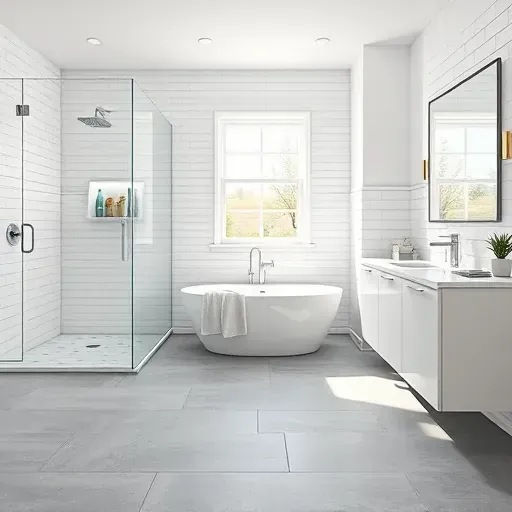 Completed bathroom remodel in Jefferson Park CA featuring modern design, elegant gray tiles, bright subway walls, and stylish fixtures.