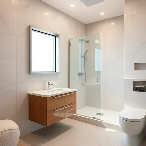 Renovated small bathroom in Harvard Heights CA featuring modern fixtures, marble countertop, frameless glass shower, and neutral tiles