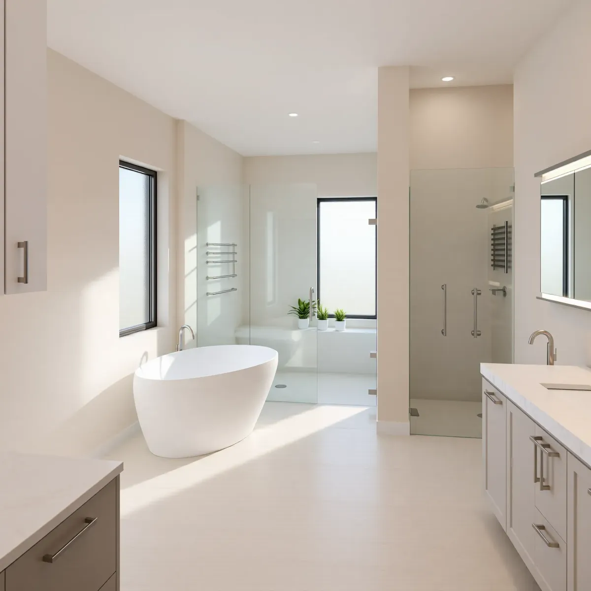 Renovated Harvard Heights bathroom with white marble counters, soaking tub, glass shower, sleek storage, and natural light.