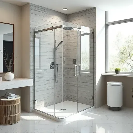 Modern upscale bathroom with sleek glass walk-in shower, stainless steel fixtures, textured stone tiles and marble flooring