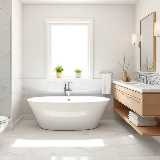 Modern bathroom remodeling in Manhattan Beach with freestanding tub, marble tiles, chic vanity, and inviting decor.