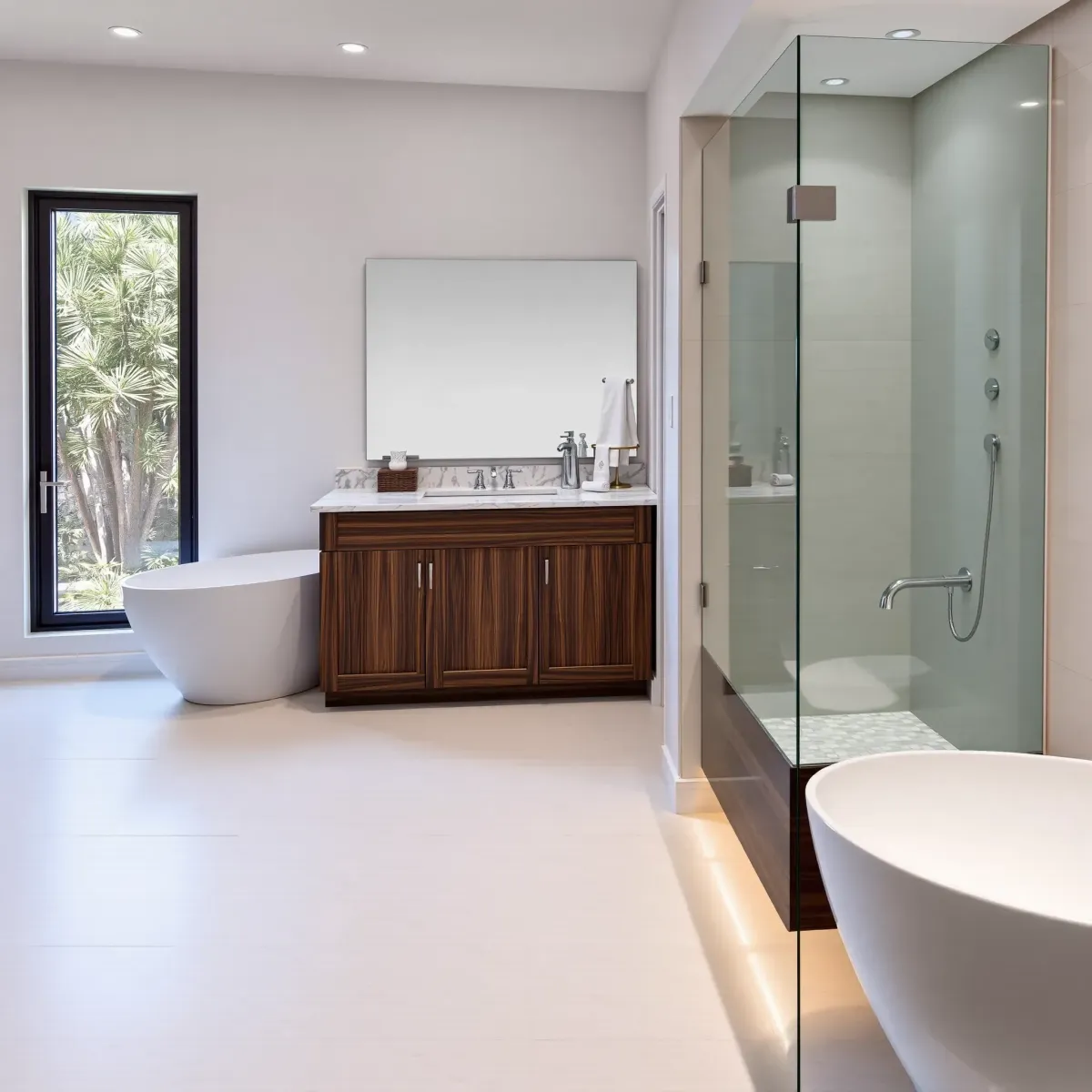 Modern bathroom in Palms, CA with glass shower, soaking tub, double vanity, porcelain floors, and elegant fixtures.