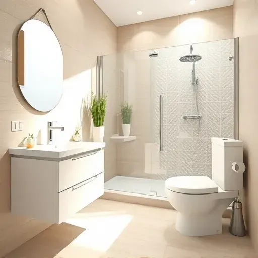 Freshly remodeled small bathroom in Palms CA featuring modern design, sleek white vanity, glass shower, and natural lighting.