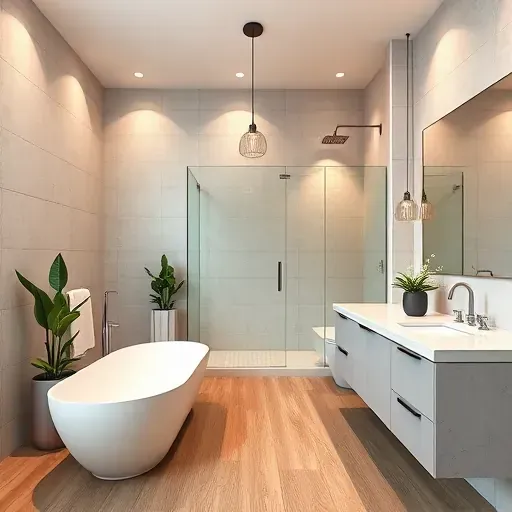 Luxury bathroom remodel in Leimert Park CA features modern tub, glass shower, stylish double sinks, warm lighting, and decor.