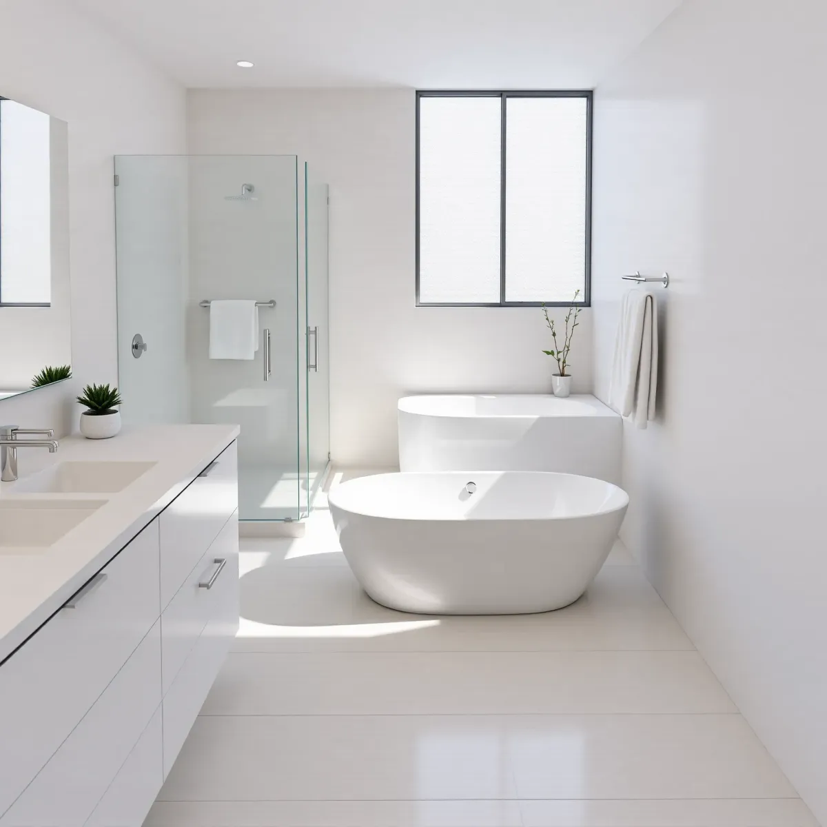 Remodeled Lawndale, CA bathroom with a white bathtub, walk-in shower, double vanity, marble floors, and modern decor.