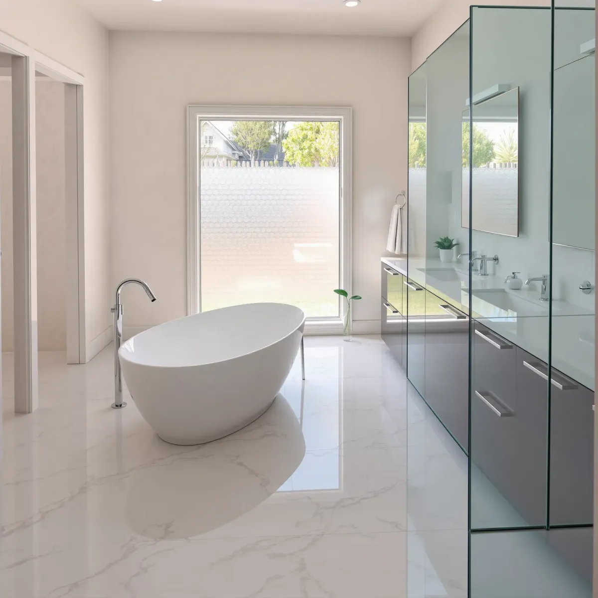 Renovated View Park bathroom with white marble countertops, soaking tub, glass shower, natural light, and modern fixtures.