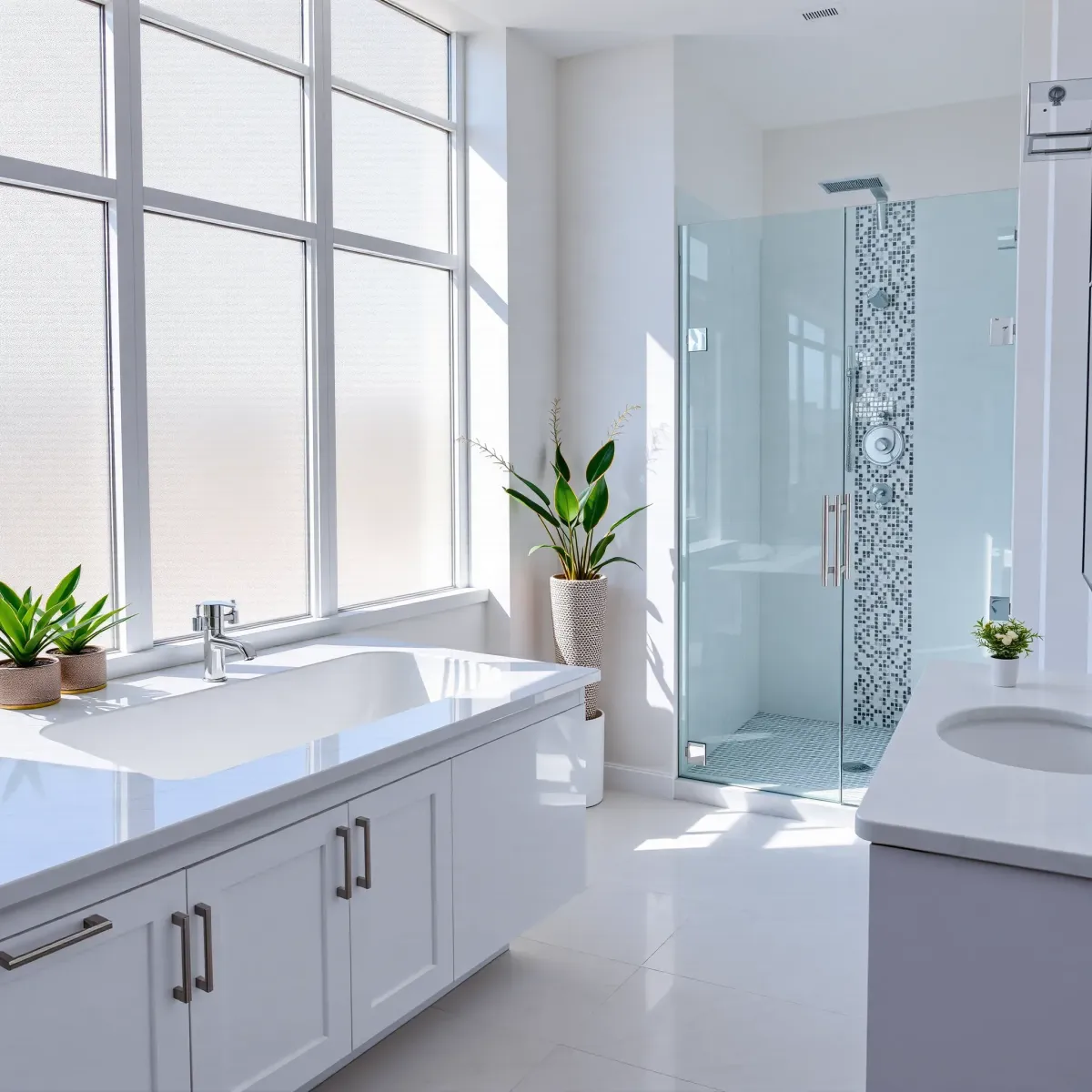 Renovated Crenshaw bathroom with modern design, walk-in shower, marble tiles, freestanding tub, and stylish vanity.