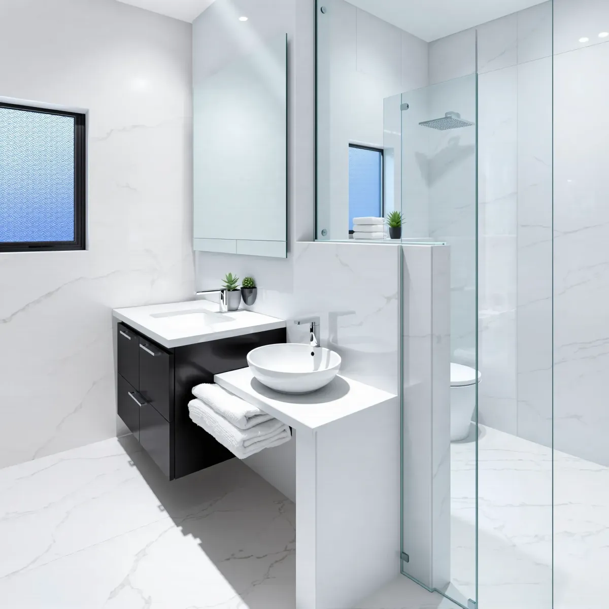 Small remodeled bathroom in Inglewood, CA with white marble tiles, black vanity, glass shower, and modern fixtures.