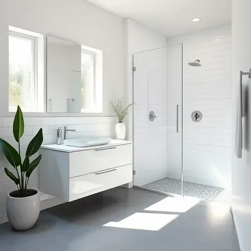 Bright modern Mar Vista bathroom with white subway tiles, gray floors, sleek vanity, walk-in shower, and natural light.