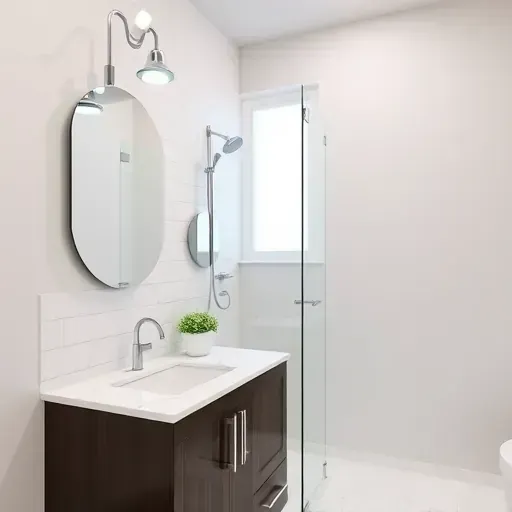 Renovated small bathroom in Redondo Beach CA with modern fixtures, glass shower, white subway tiles, dark wood vanity, marble top