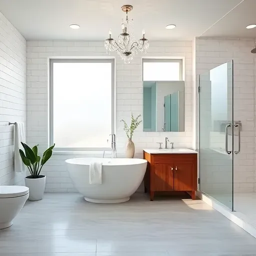Completed bathroom remodel in Marina del Rey featuring a freestanding tub, dual-sink walnut vanity, and tranquil decor.