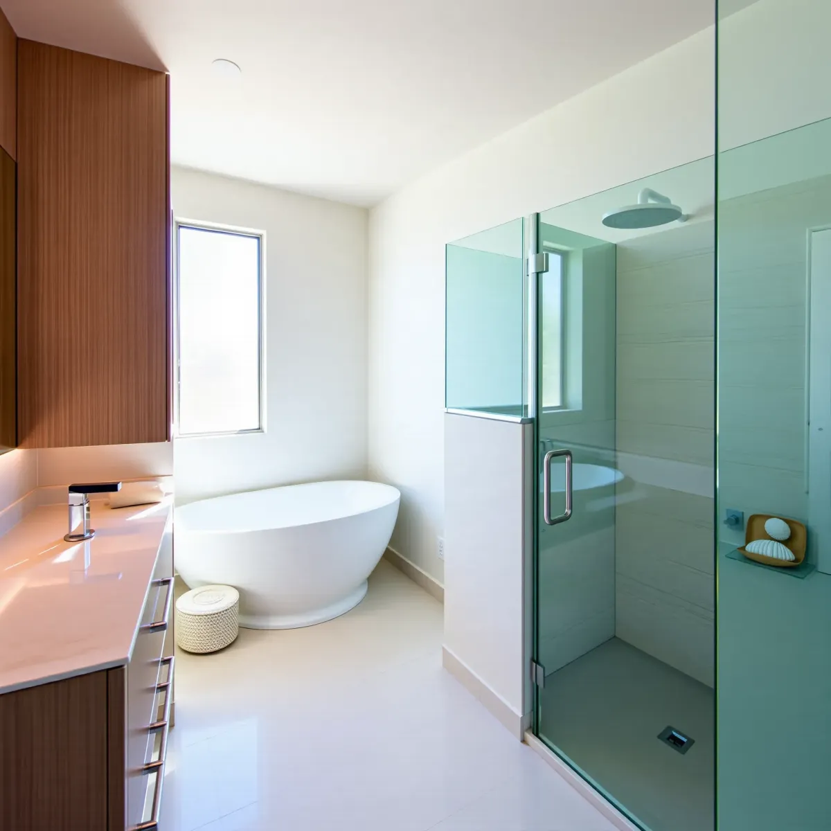 Modern small bathroom in El Segundo, CA featuring sleek fixtures, glass shower, marble counters, neutral tiles, & natural light.