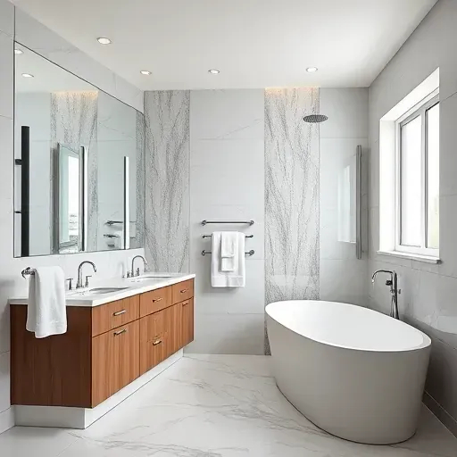 Luxurious bathroom remodel in Culver City features a walk-in shower, freestanding tub, and elegant finishes in soft grays.