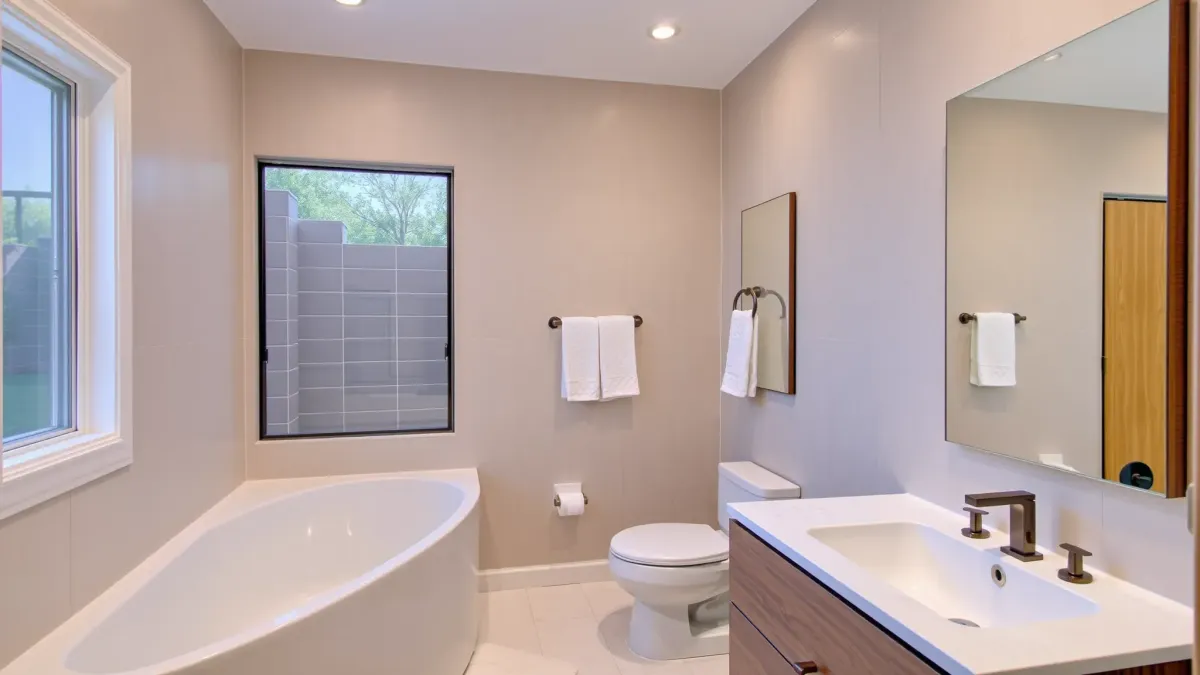 Remodeled Rancho Park bathroom with glass shower, soaking tub, floating vanity, marble surfaces, and lush greenery outside.