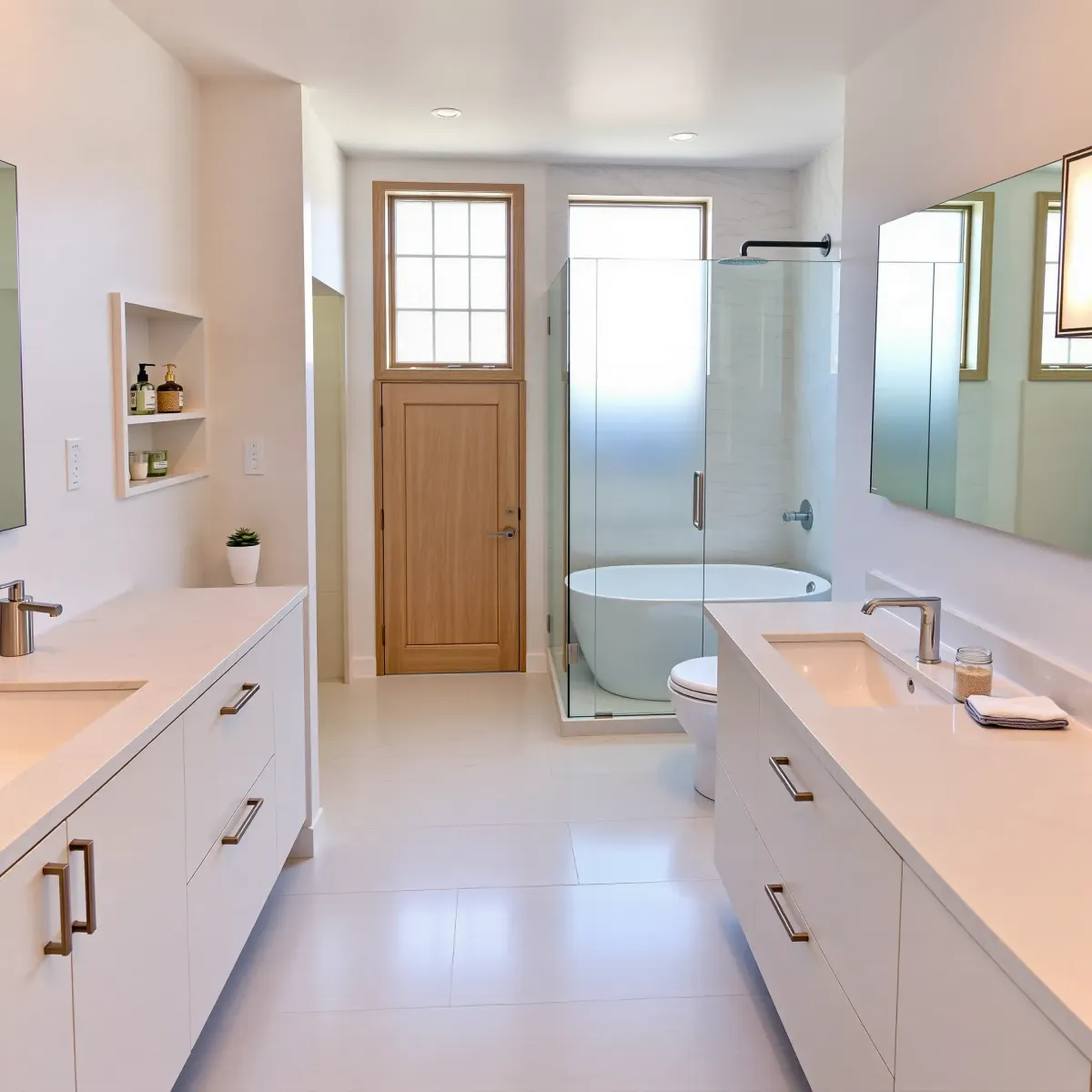 Modern small bathroom in Mar Vista, CA with marble countertops, freestanding tub, custom matte wood cabinetry, and natural light.