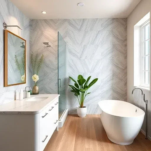 Completed bathroom remodel in Lawndale CA featuring elegant fixtures, a freestanding tub, and modern design elements.