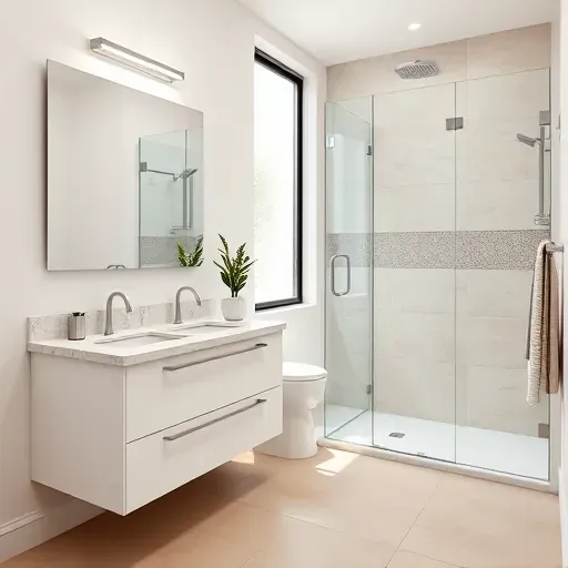 Renovated small bathroom in Windsor Hills CA with a double vanity, marble countertop, glass shower, and natural light