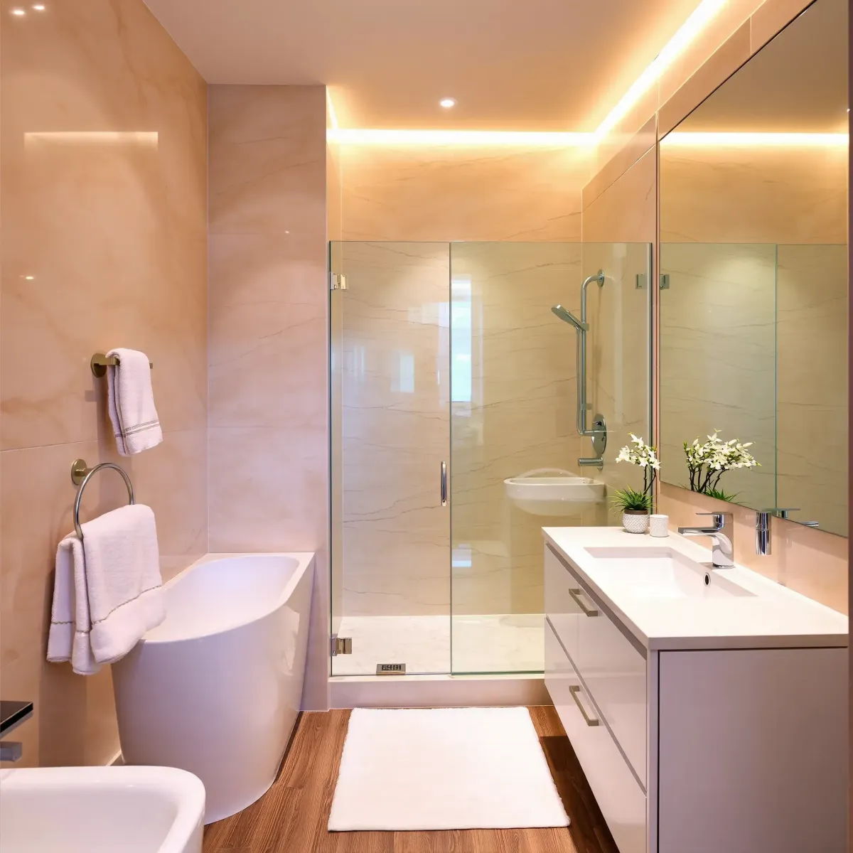 Small Beverly Hills bathroom with marble walls, gold accents, glass shower, white quartz vanity, and modern decor.