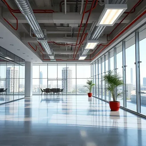 Modern commercial LA interior with recessed LED lighting, polished concrete floors, glass walls, and sleek electrical wiring.