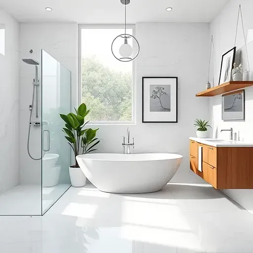 Modern remodeled bathroom in Rancho Park CA featuring marble tiles walk-in shower freestanding tub and elegant lighting.