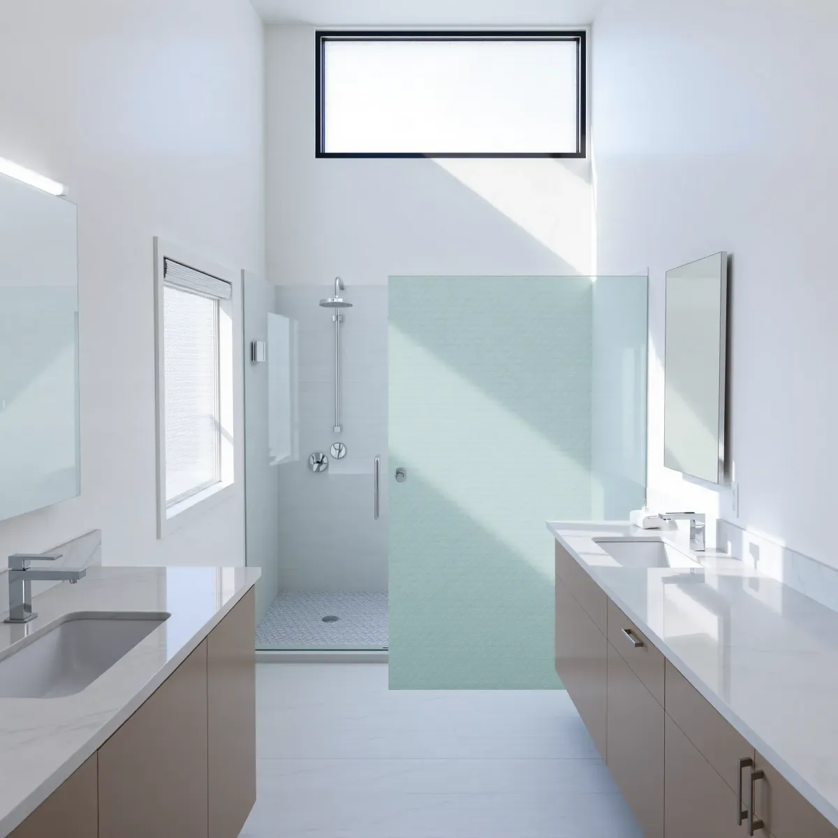 Modern small bathroom in Gardena, CA with neutral walls, frameless glass shower, white quartz vanity, and sleek fixtures.