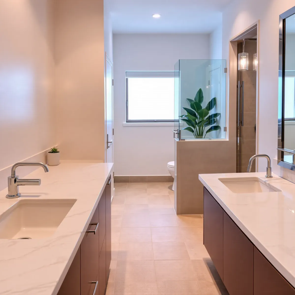 Remodeled West Adams, CA bathroom with marble counters, chrome fixtures, frameless shower, and modern finishes.