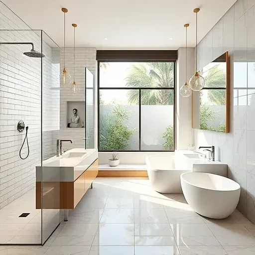 A modern remodeled bathroom in Los Angeles featuring a sleek design with stylish fixtures and elegant finishes.