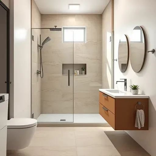 Renovated Baldwin Hills small bathroom with modern fixtures, walk-in shower, neutral tiles, quartz vanity, natural light