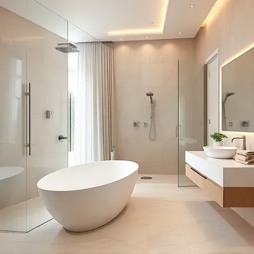 Bathroom remodeling in Los Angeles featuring modern fixtures, elegant tiles, and stylish decor with no people.