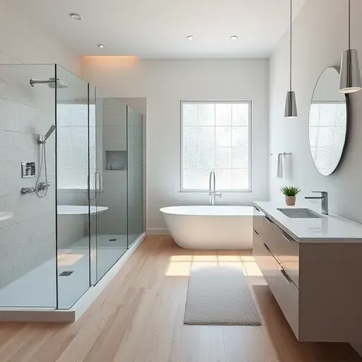 Modern bathroom remodel in Jefferson Park, CA featuring sleek fixtures, tranquil colors, and luxurious details.