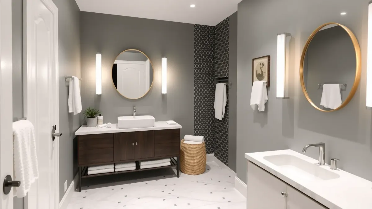 Remodeled Playa del Rey bathroom with modern fixtures, white quartz counter, subway tile walls, walk-in shower, and coastal decor.