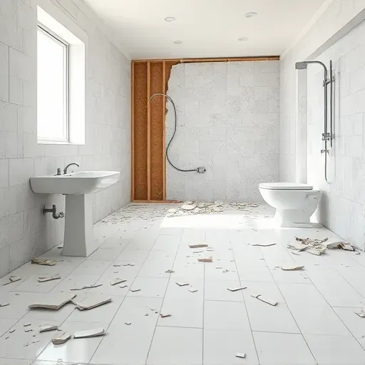 Post-demolition bathroom in Los Angeles with exposed plumbing, broken tiles, visible studs, and natural sunlight highlighting craftsmanship