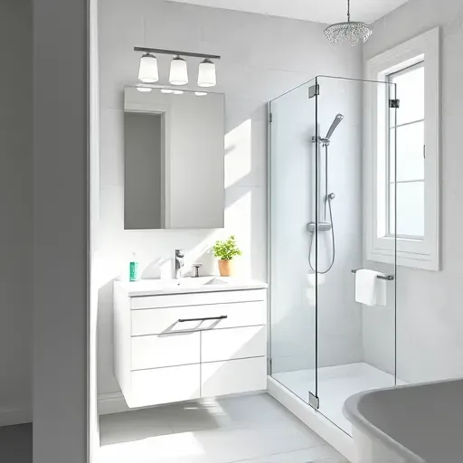 Renovated small bathroom in Gardena CA with sleek white vanity, gray subway tiles, glass shower, and modern fixtures