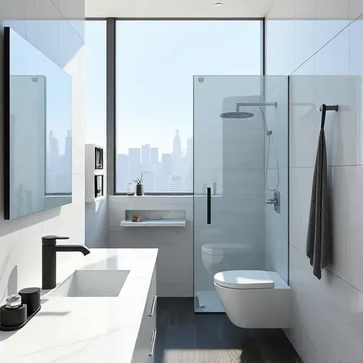 Renovated small bathroom in Los Angeles featuring marble countertops, matte black fixtures, and natural light.