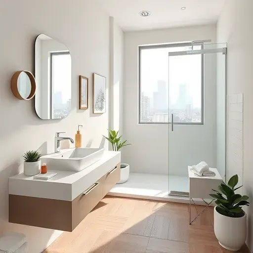 Small modern bathroom in Los Angeles with sleek fixtures, minimalist design, and neutral tones, featuring glass shower and elegant tiles.