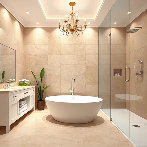 Completed bathroom remodel in Gardena CA featuring porcelain tiles, freestanding tub, glass shower, and modern design elements.