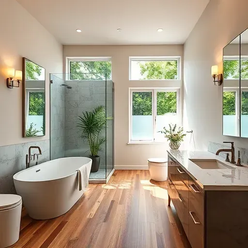 Completed bathroom remodel in Leimert Park CA featuring modern fixtures, soaking tub, glass shower, and elegant decor.