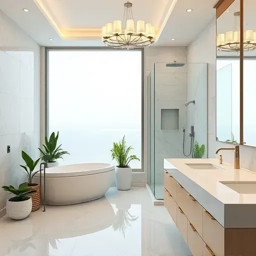 Elegant Marina del Rey bathroom remodel with soaking tub, mosaic tiles, greenery, and inviting natural light.