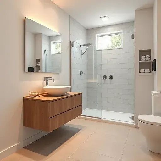 Freshly renovated small bathroom in Harvard Heights CA with modern design, sleek lines, and elegant finishes.