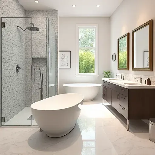 Modern bathroom remodel in West Adams CA with elegant design, walk-in shower, freestanding tub, and marble flooring.