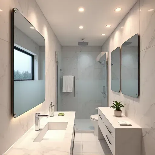 Modern Los Angeles bathroom with LED recessed lighting, marble countertops, tiled walls, frameless shower, chrome fixtures, and stylish decor