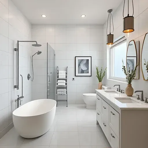 Luxury bathroom remodel in Baldwin Hills CA featuring a walk-in shower, freestanding tub, and elegant double sink vanity.