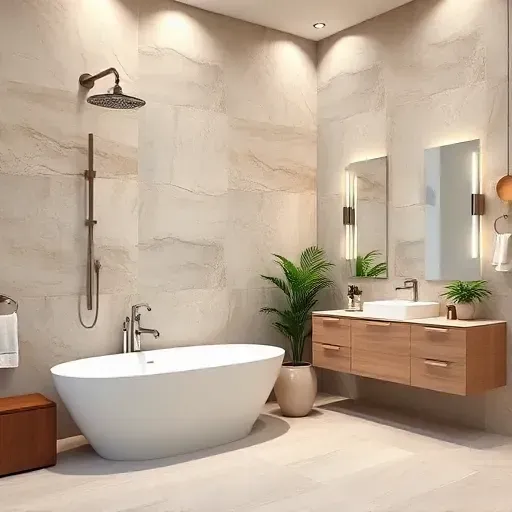 Luxurious bathroom remodel in Compton CA with freestanding tub, stone tiles, modern fixtures, and elegant lighting.