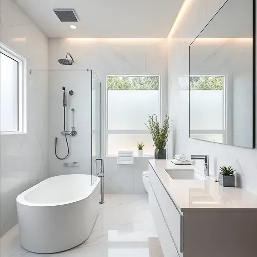 Contemporary Rancho Park bathroom remodel features luxury soaking tub, marble walls, glass shower, and sleek fixtures.