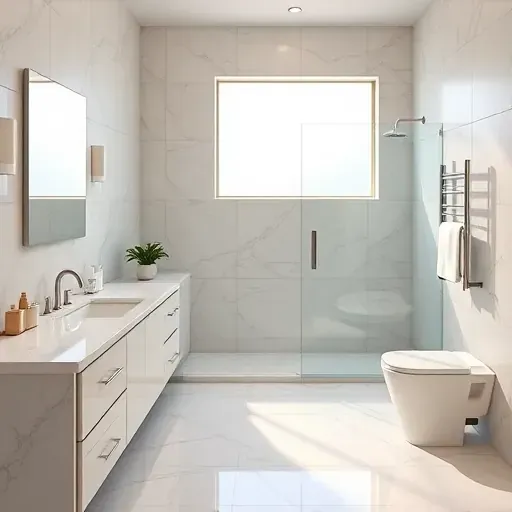 Renovated Los Angeles bathroom with marble countertops glass shower brushed nickel hardware and modern tile design