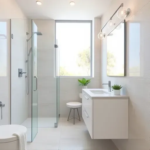 Modern small bathroom in Playa Vista with sleek fixtures, glass shower, white vanity, natural light, and stylish design