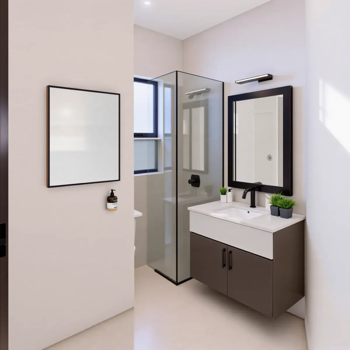 Remodeled small Crenshaw bathroom with matte black fixtures, glass shower, quartz vanity, warm lighting, modern tiles, and organized accessories.