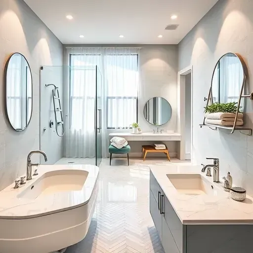 Luxurious remodeled bathroom in Windsor Hills CA with modern fixtures, freestanding tub, and elegant tile accents.